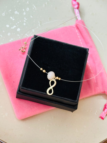 Transparent necklace infinity +2 beads 2mm+2 beads 2.5mm - 14ct gold