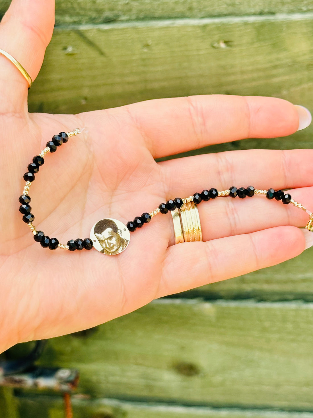 15mm photo coin bracelet +30 beads 2mm- 14k Gold
